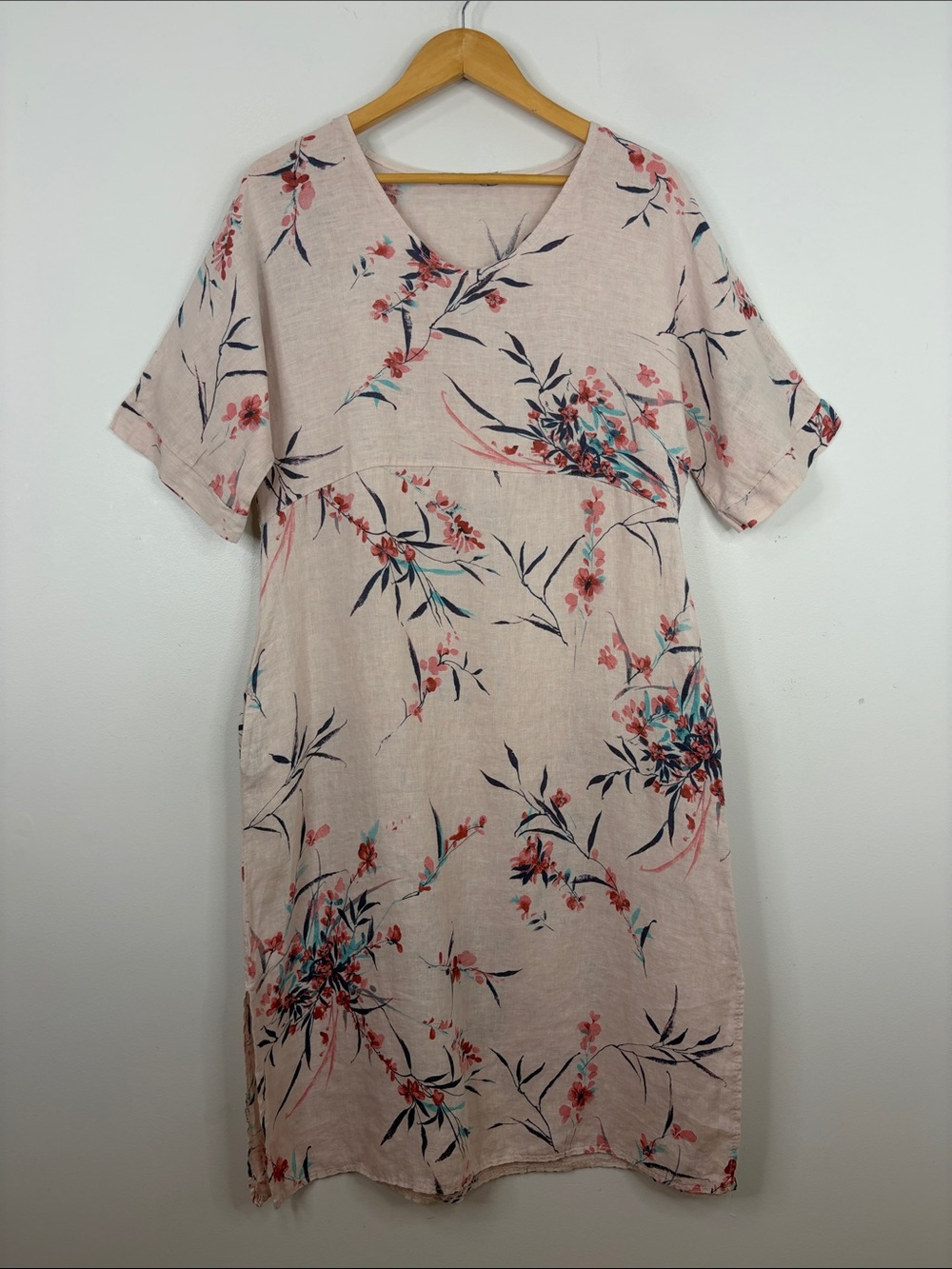Valentina Naldi Dress Womens XL Pink Blue Floral Linen Short Sleeve Midi